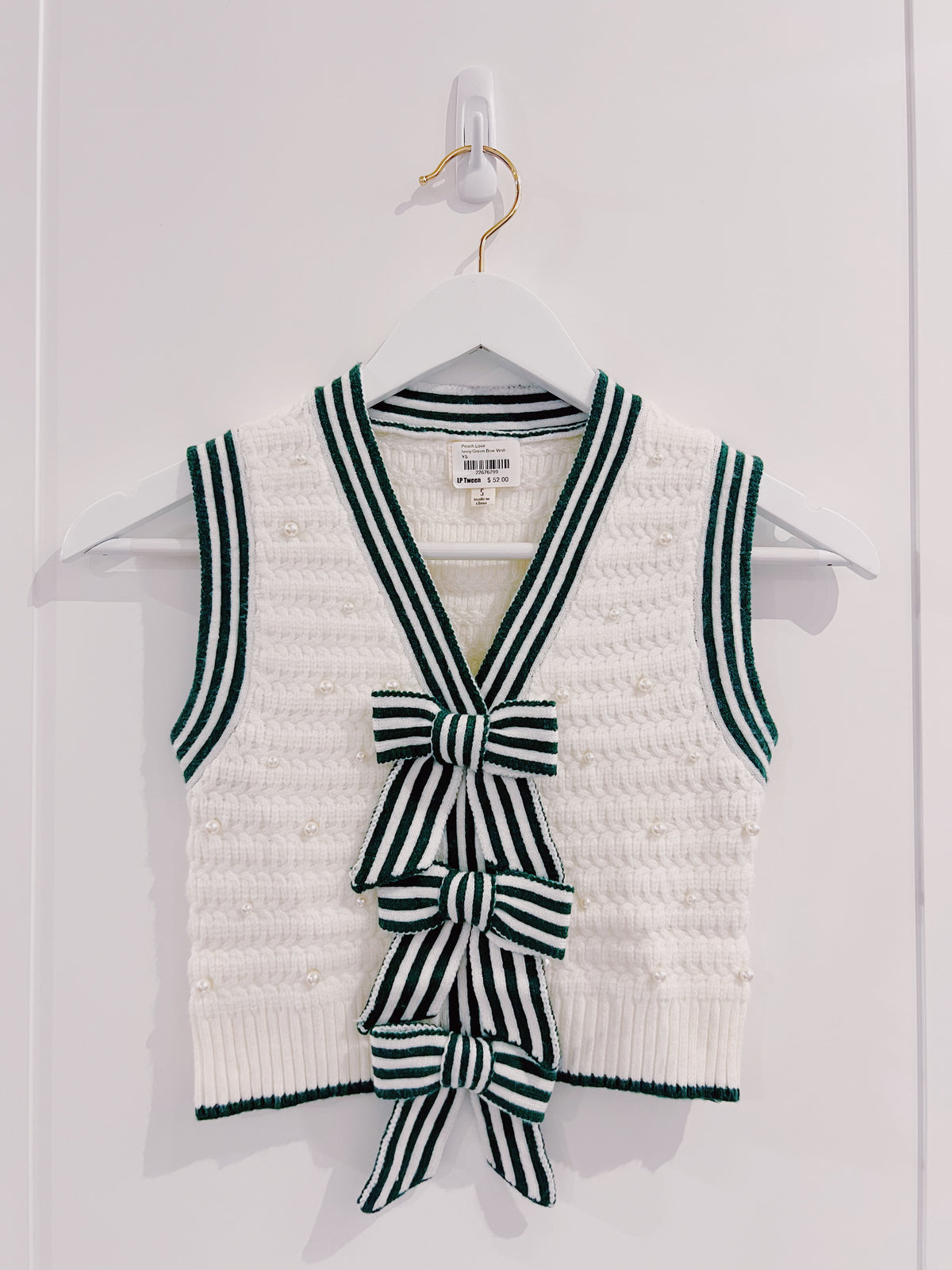 Peach Love Ivory/Green Bow Vest