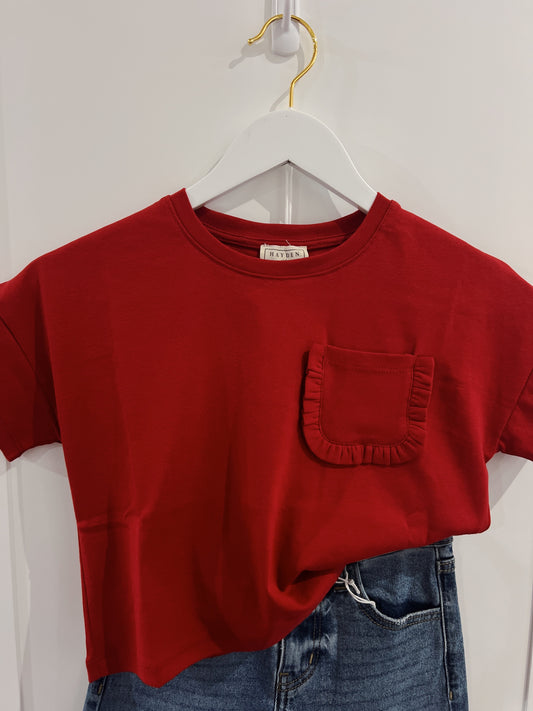 Hayden Red Ruffle Pocket Basic Tee