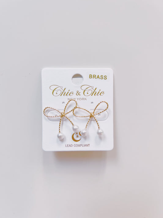 Brass Bow & Pearl Edge Earrings