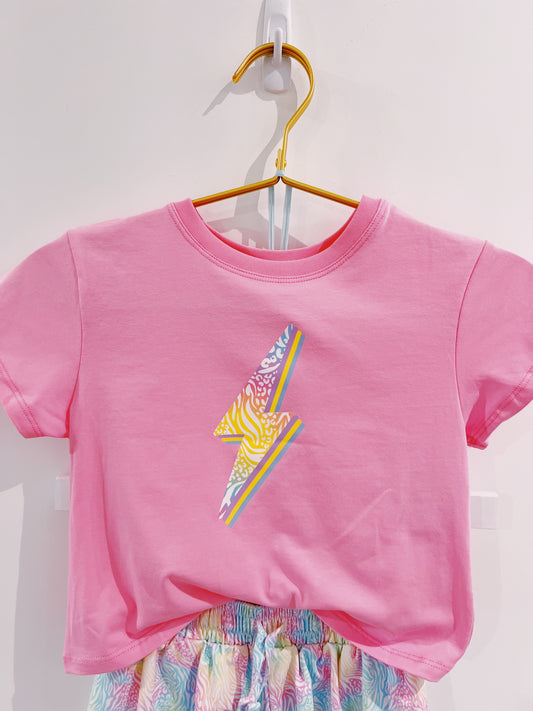 Zebra Rainbow Lightning Bolt Pink Boxy Tee