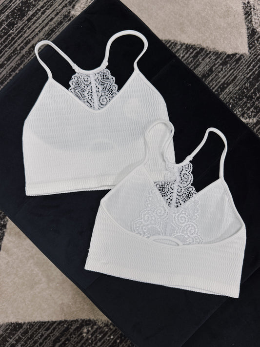 White V-Neck Bralette with Lace Back
