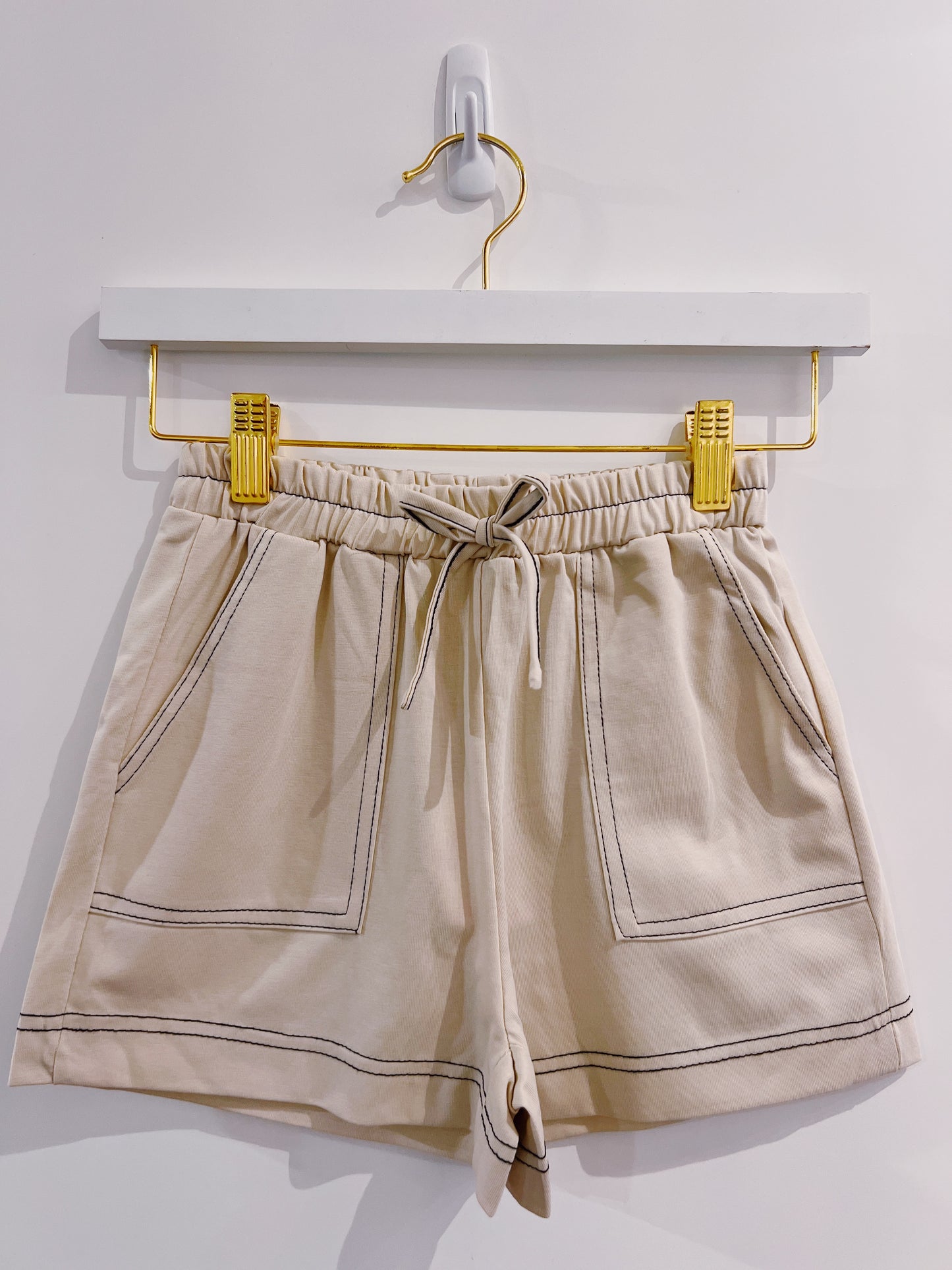 Hayden Beige Contrast Stitched Knit Shorts