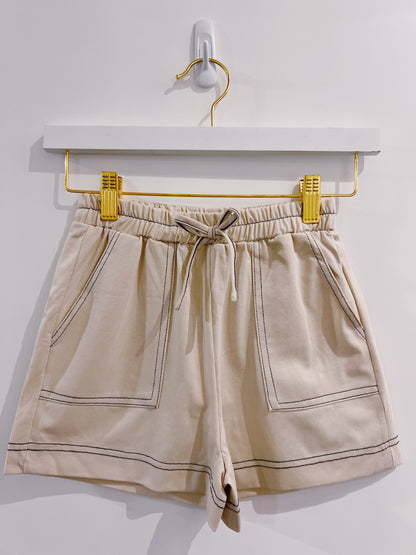 Hayden Beige Contrast Stitched Knit Shorts