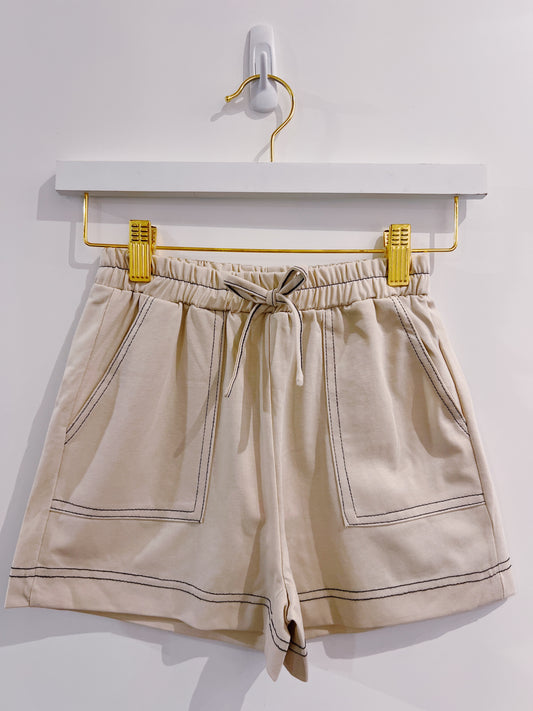Hayden Beige Contrast Stitched Knit Shorts