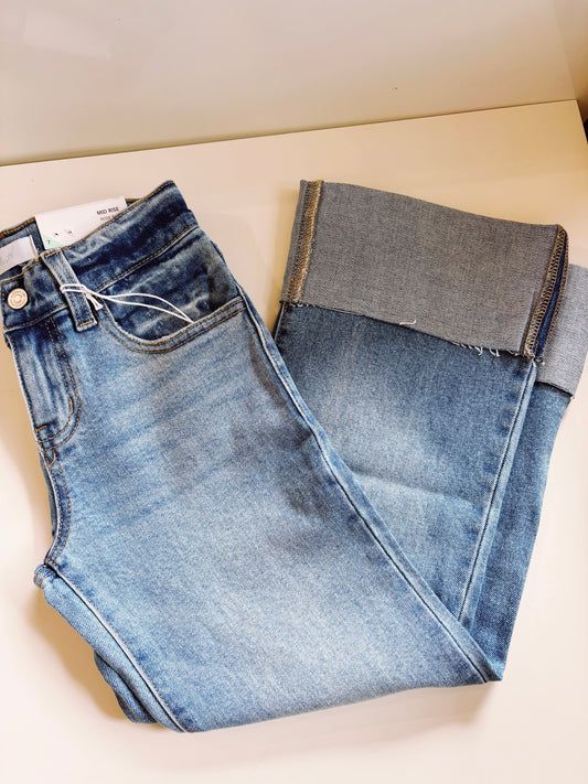 Kan Can Medium Wash Mid Rise Wide Flare Jeans