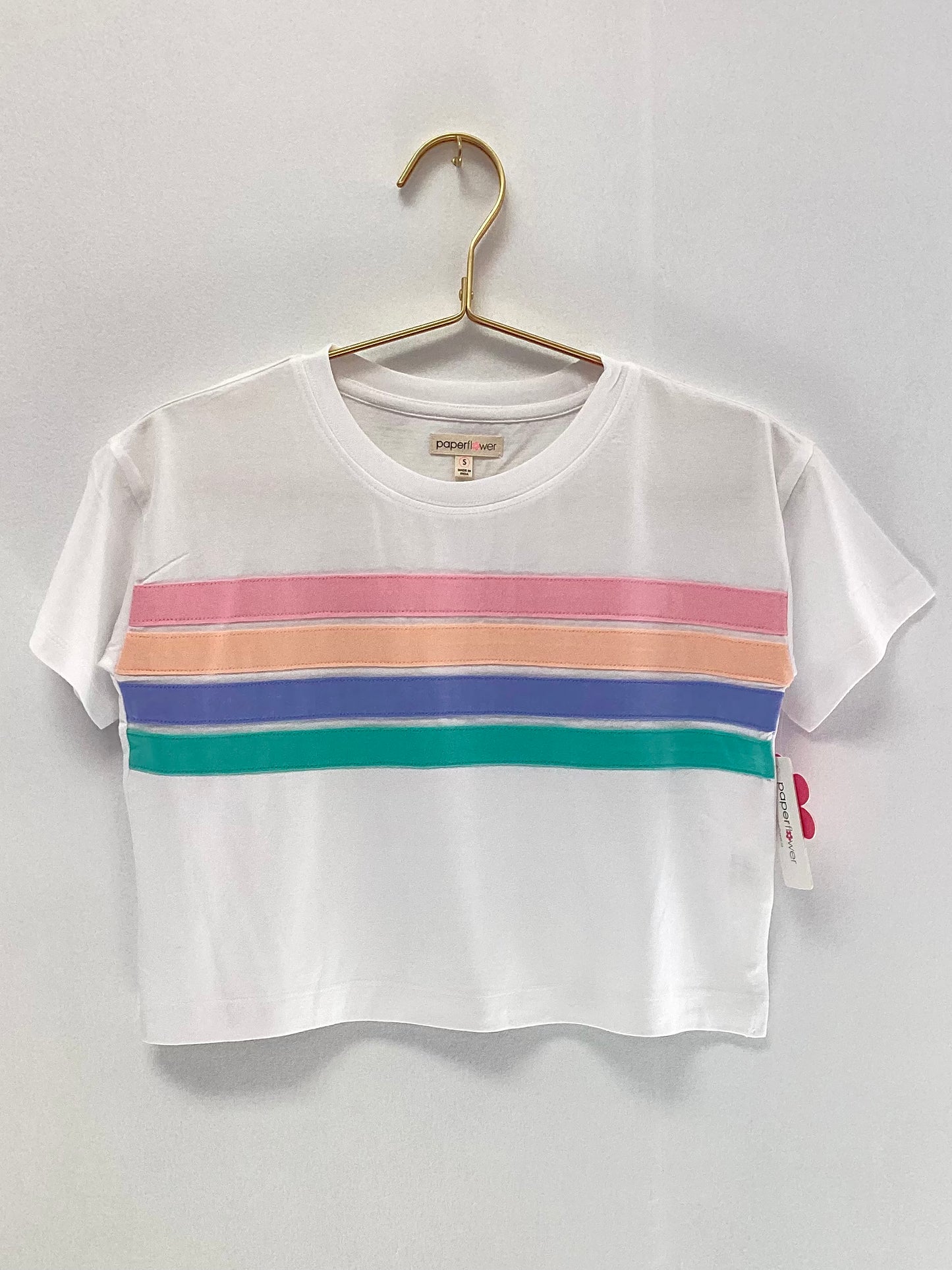 Paper Flower White Rainbow Stripe Graphic Tee