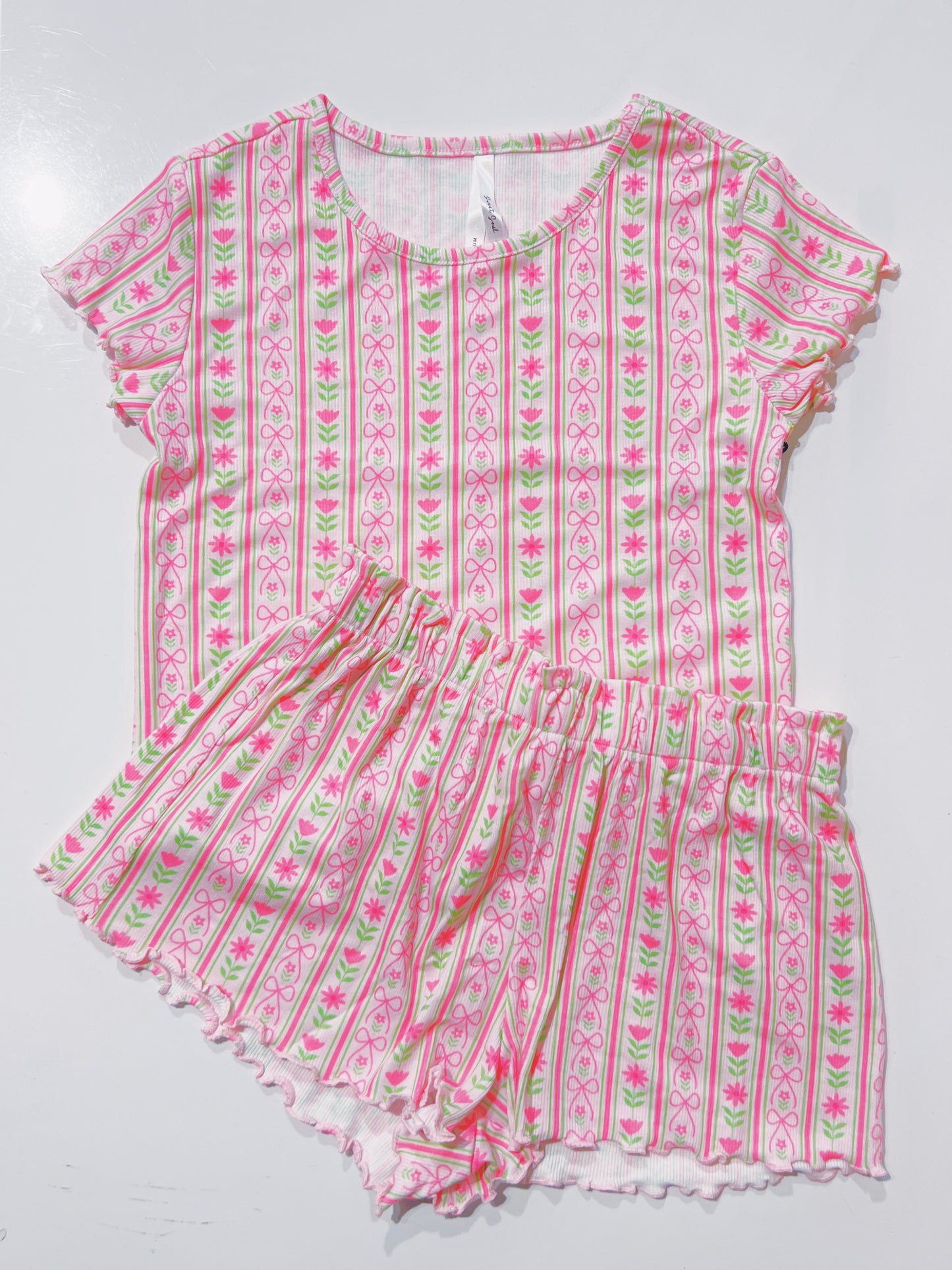 Light Pink Bows & Flowers Striped Set