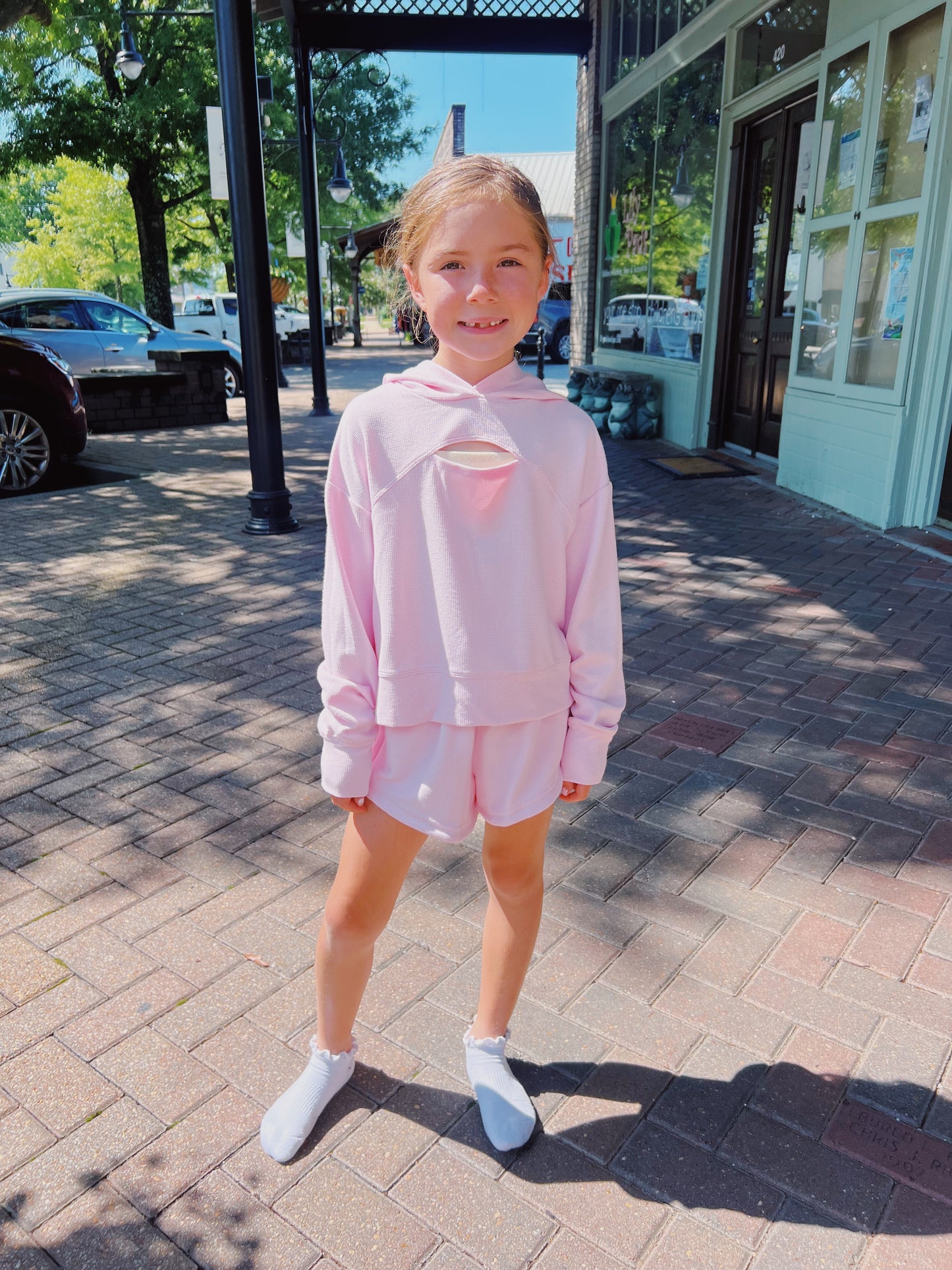 Blossom Pink Waffle Hoodie Short Set