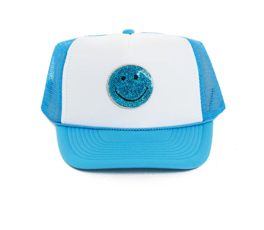 Neon Blue Happy Face Patch Trucker Hat