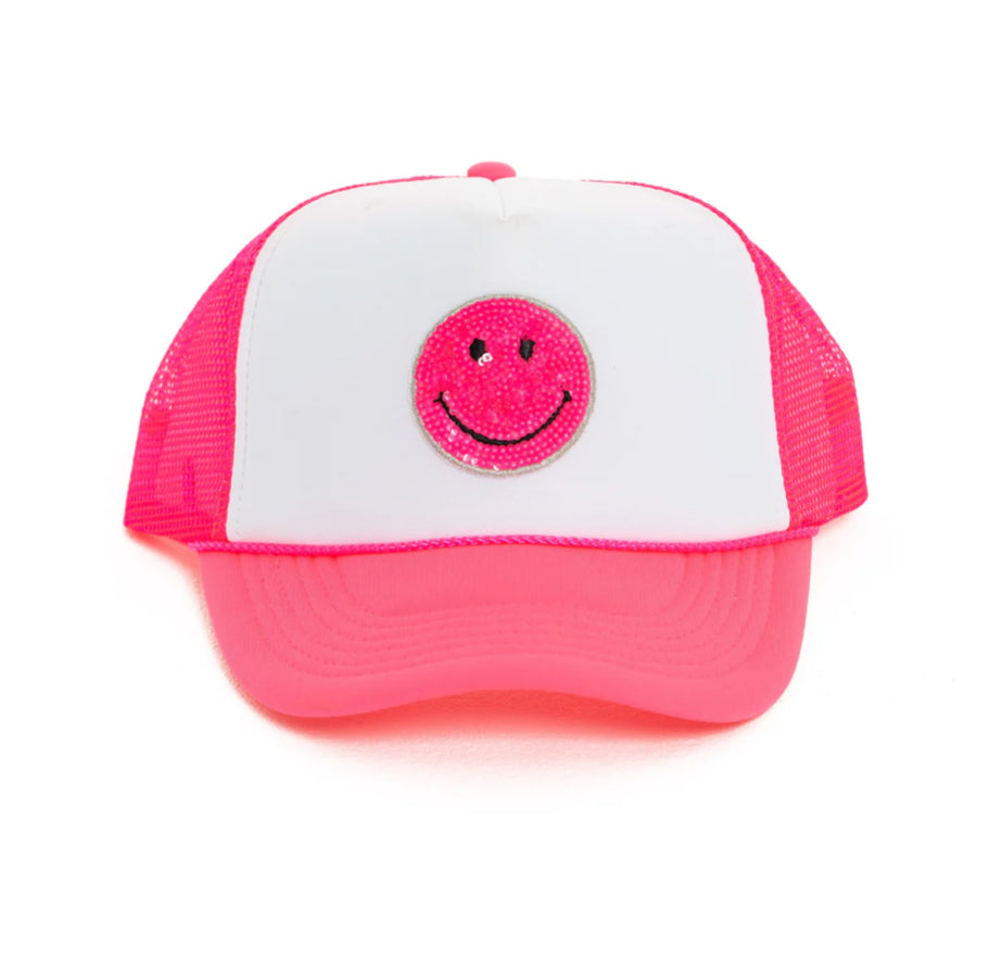 Neon Pink Happy Face Patch Trucker Hat