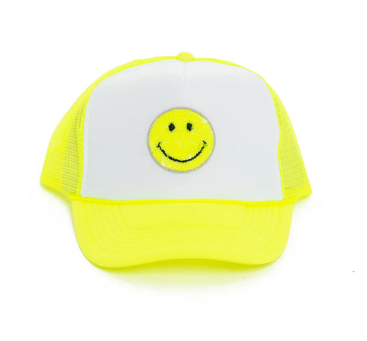 Neon Yellow Happy Face Patch Trucker Hat