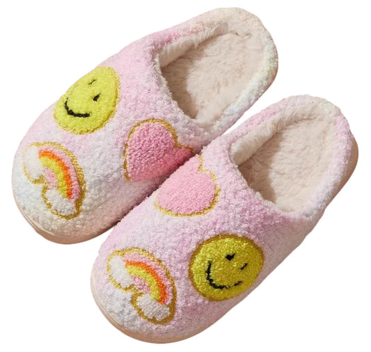 Pastel Rainbow Smiley Fuzzy Slippers