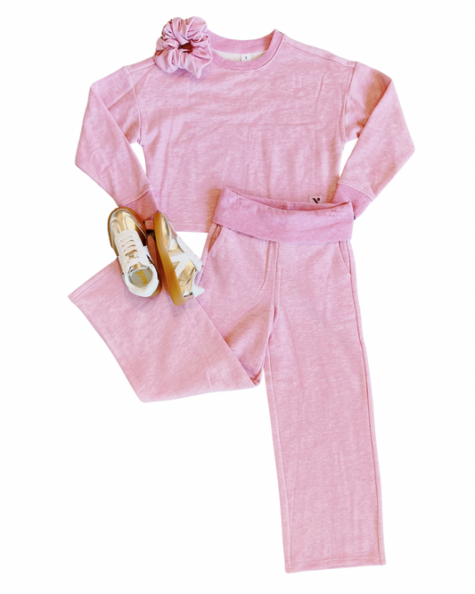 Bleached Mauve Fleece Crewneck Wide Leg Pant Set