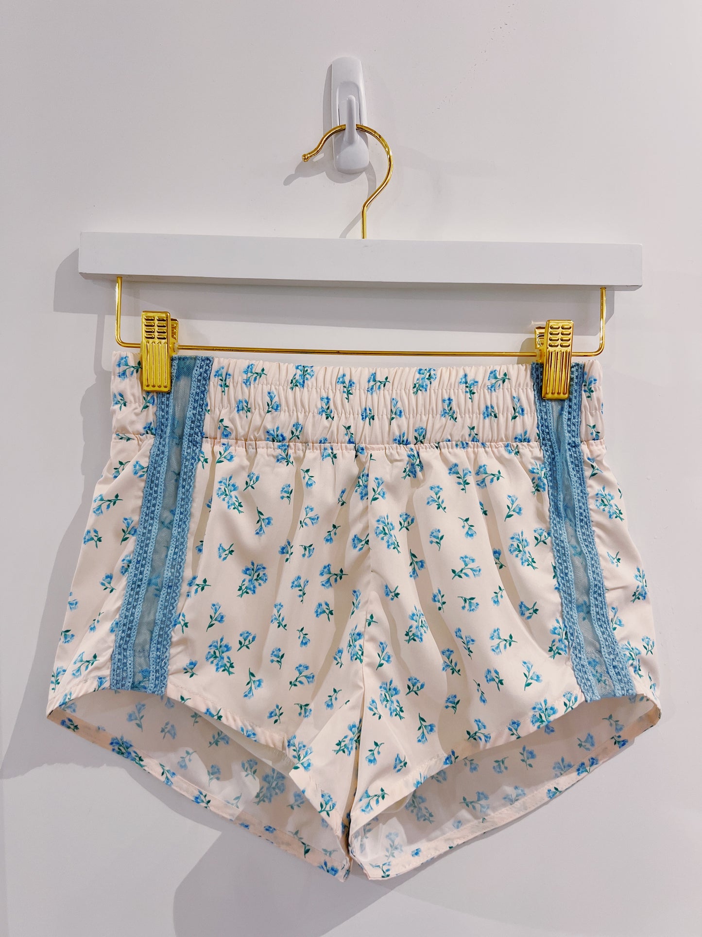 Blue Floral Lace Mesh Sporty Shorts