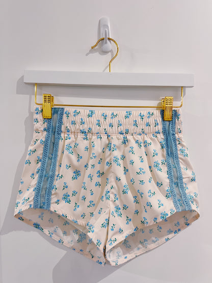Blue Floral Lace Mesh Sporty Shorts