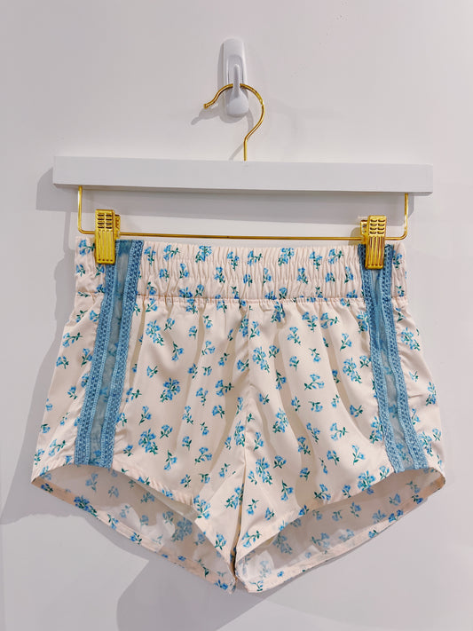 Blue Floral Lace Mesh Sporty Shorts