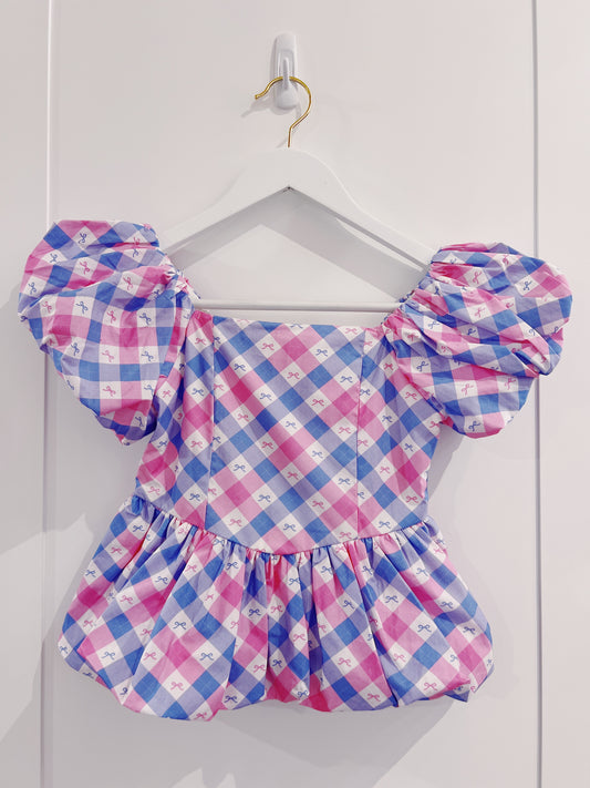 Pink/Purple Plaid Bow Bubble Hem Top