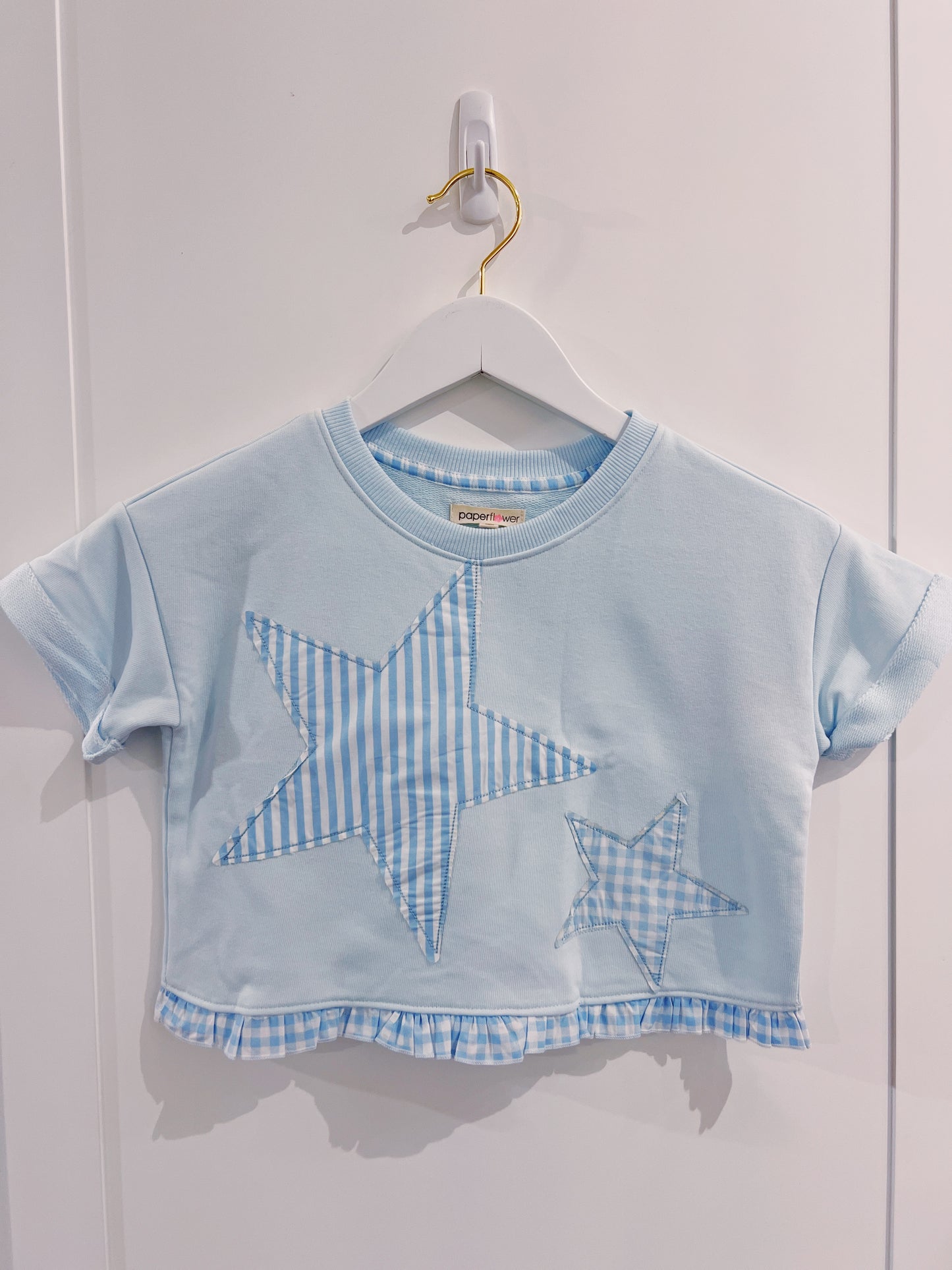PF Blue Star Applique Ruffle Hem Top