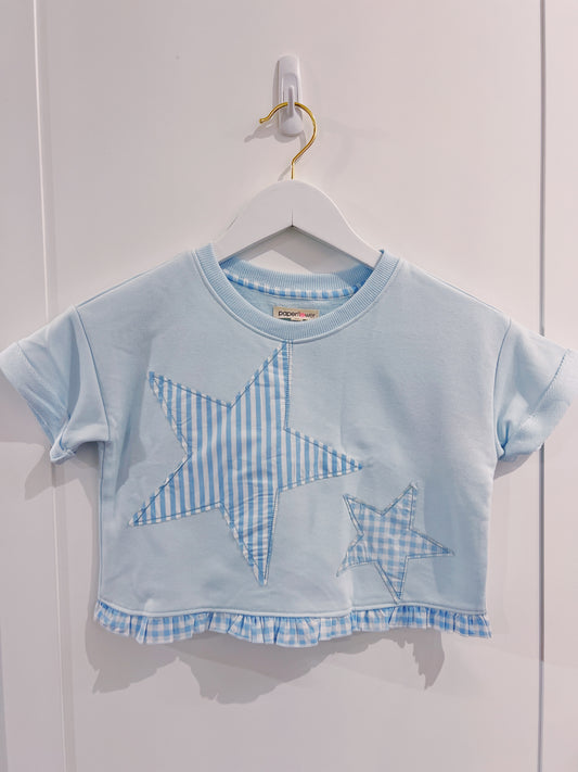 PF Blue Star Applique Ruffle Hem Top