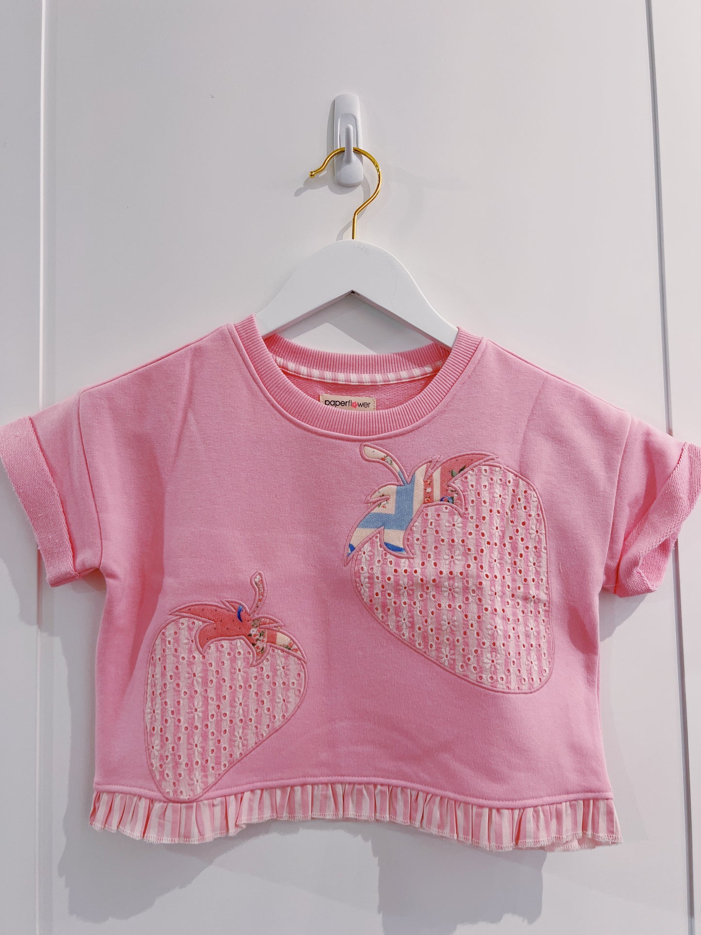 PF Pink Strawberries Applique Ruffle Hem Top