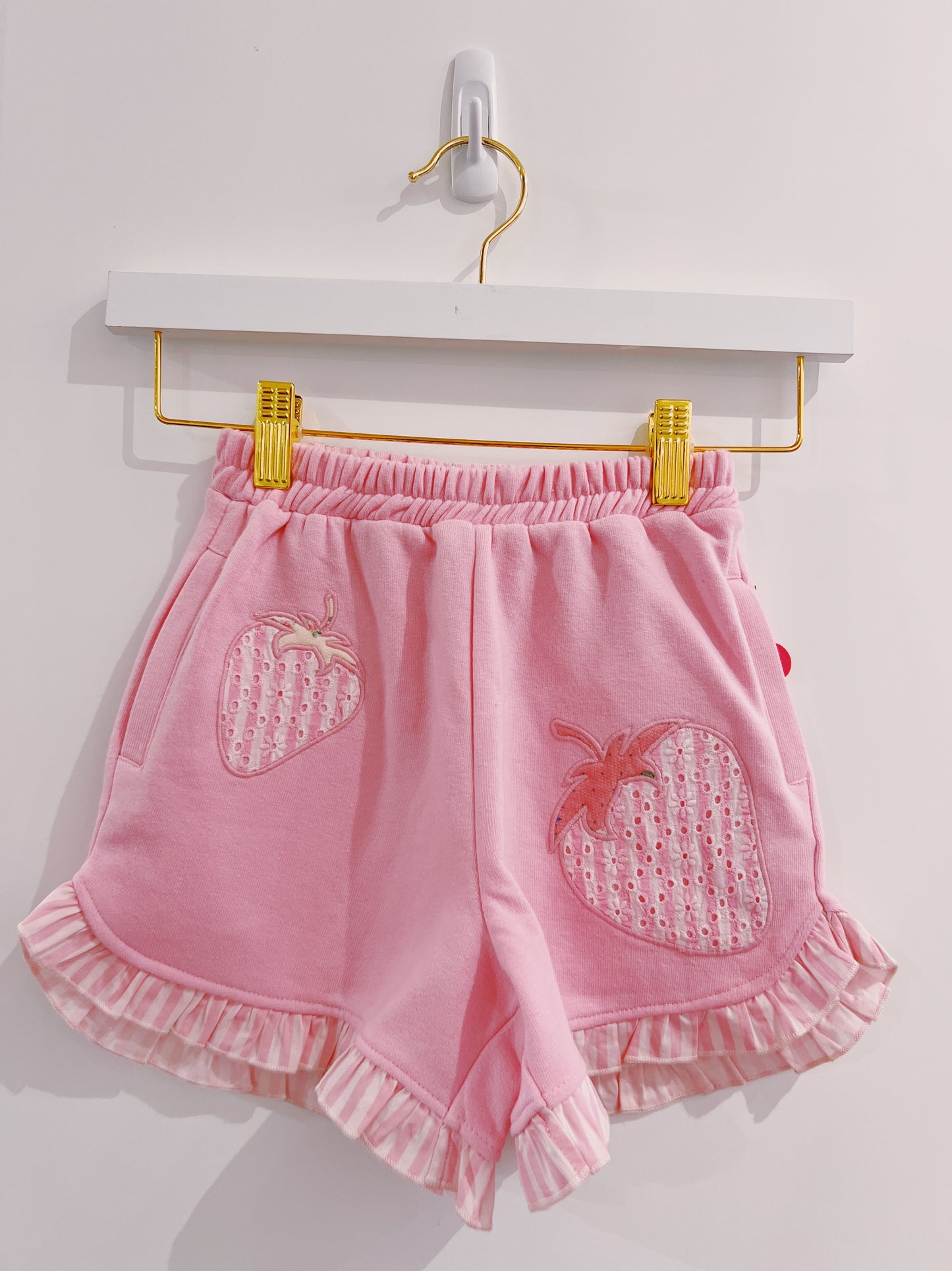 PF Pink Strawberries Applique Ruffle Hem Shorts